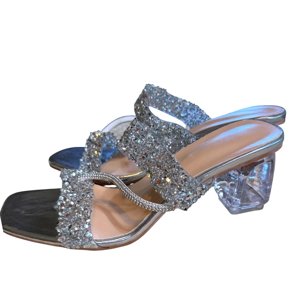 Silver Rhinestone Clear Block Heel Slide Sandals‎ Square Toe EU 39 US 8 Sparkly